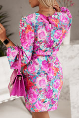 Purple Floral Keyhole Back Long Sleeve Belted Dress Floral Dresses JT's Designer Fashion