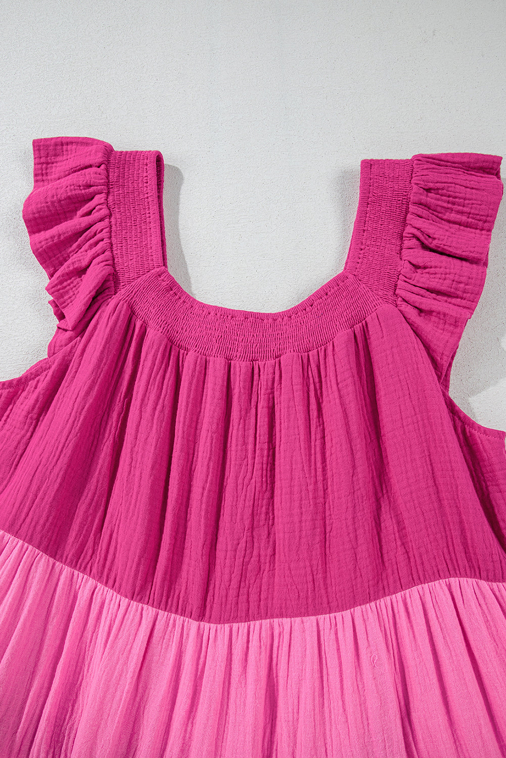 Pink Crinkled Colorblock Patchwork Flutter Tiered Mini Dress Mini Dresses JT's Designer Fashion