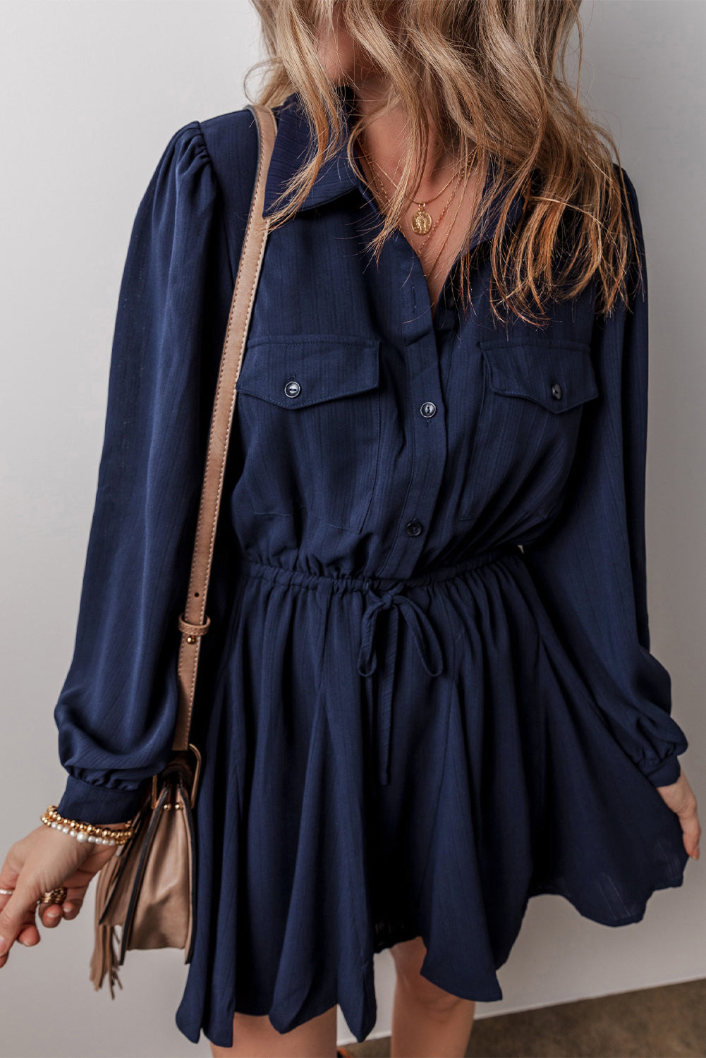 Navy Blue Solid Chest Pockets Tunic Shirt Mini Dress Mini Dresses JT's Designer Fashion