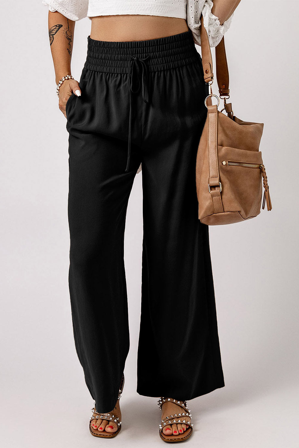 Black Drawstring Elastic Waist Casual Wide Leg Pants Pants & Culotte JT's Designer Fashion