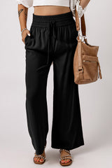 Black Drawstring Elastic Waist Casual Wide Leg Pants Pants & Culotte JT's Designer Fashion
