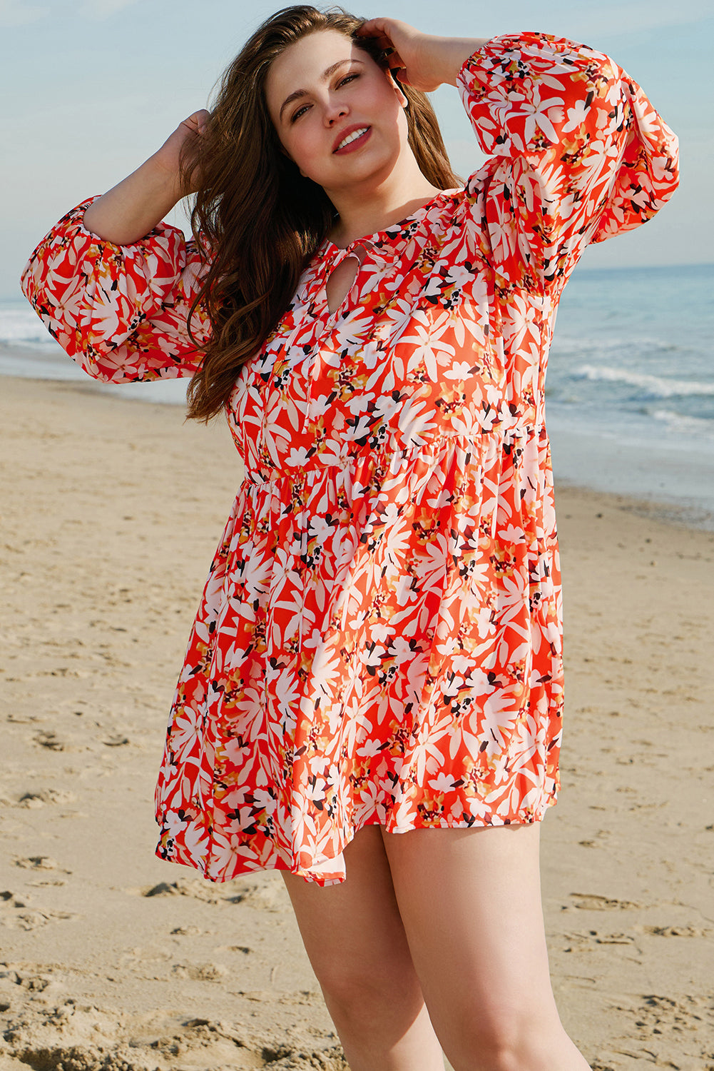 Orange Floral Print Split V Neck Bubble Sleeve Plus Size Midi Dress Plus Size Midi Dresses JT's Designer Fashion