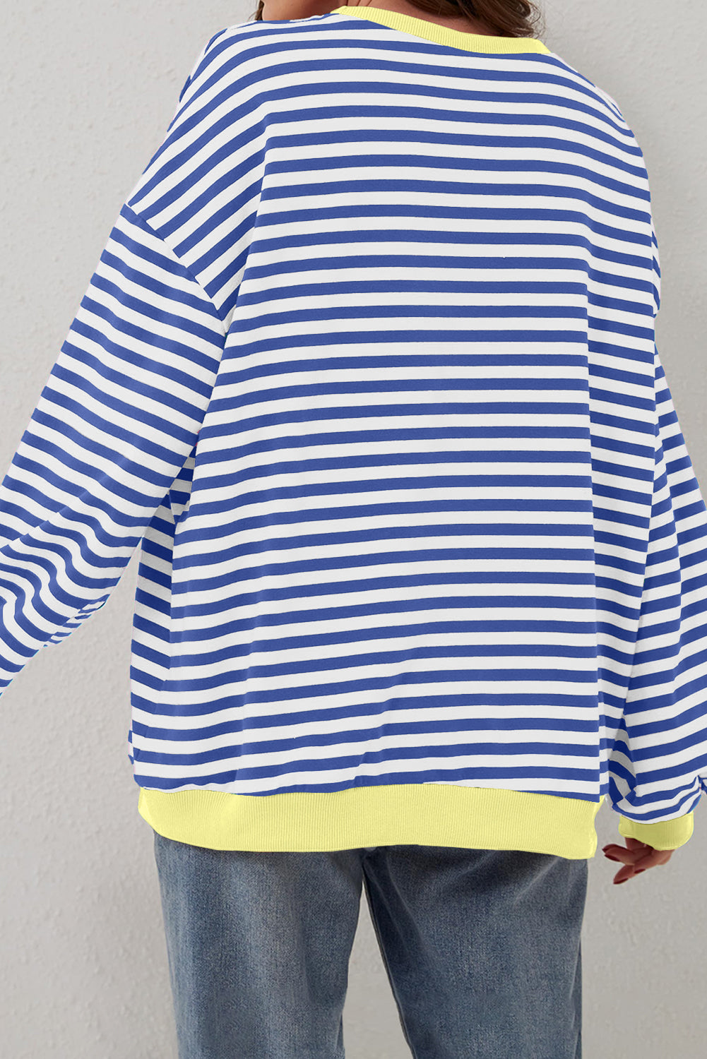 Blue Stripe Oversized Contrast Trim Pullover Sweatshirt Sweatshirts & Hoodies JT's Designer Fashion