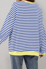 Blue Stripe Oversized Contrast Trim Pullover Sweatshirt Sweatshirts & Hoodies JT's Designer Fashion