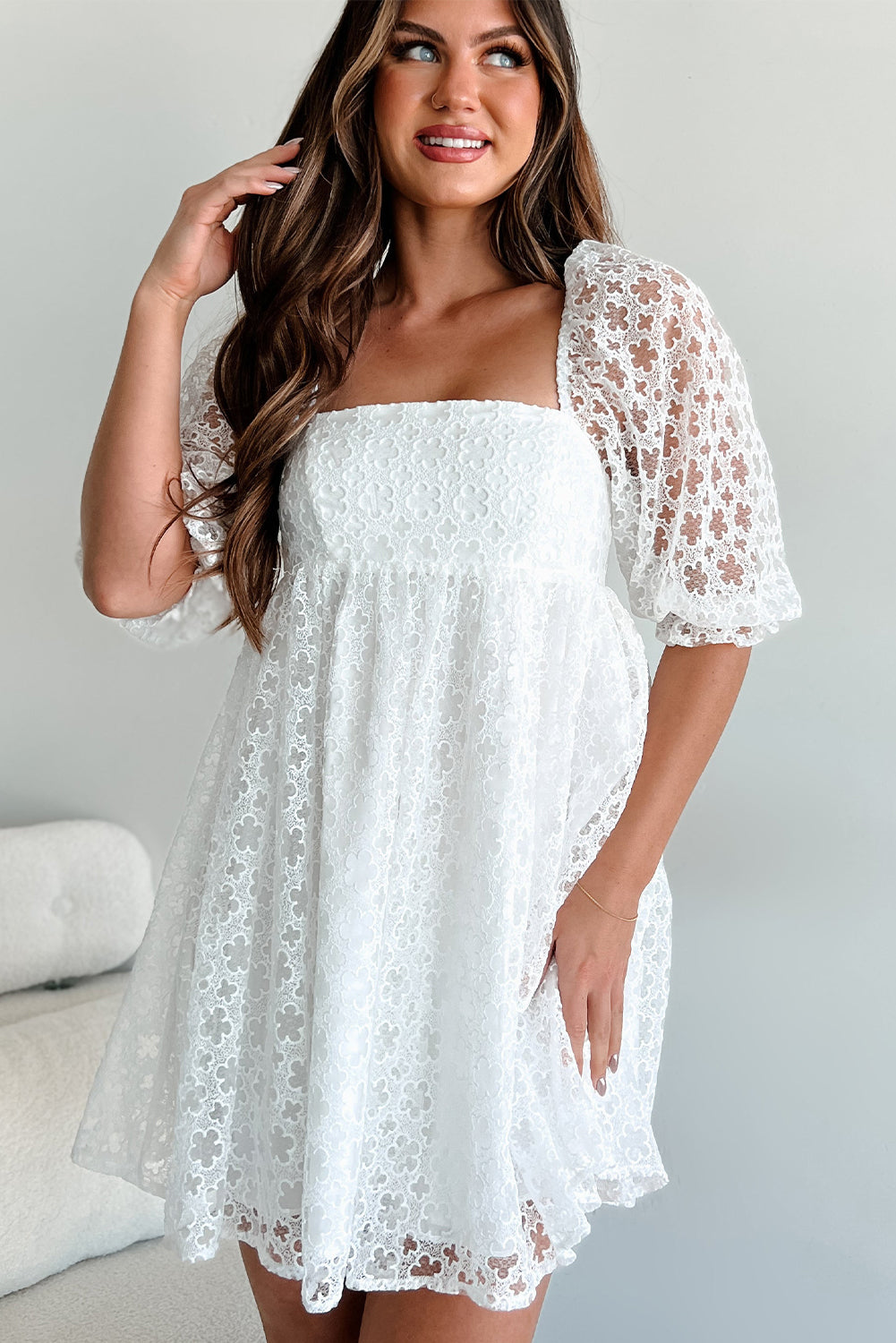White Floral Lace Puff Sleeve Empire Waist Mini Dress Mini Dresses JT's Designer Fashion
