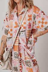 Orange Plant Checkered Print Collared Shirt and Wide Leg Pants Set Pant Sets JT's Designer Fashion
