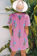 Rose Floral Short Sleeve Split Neck Loose Mini Dress Floral Dresses JT's Designer Fashion