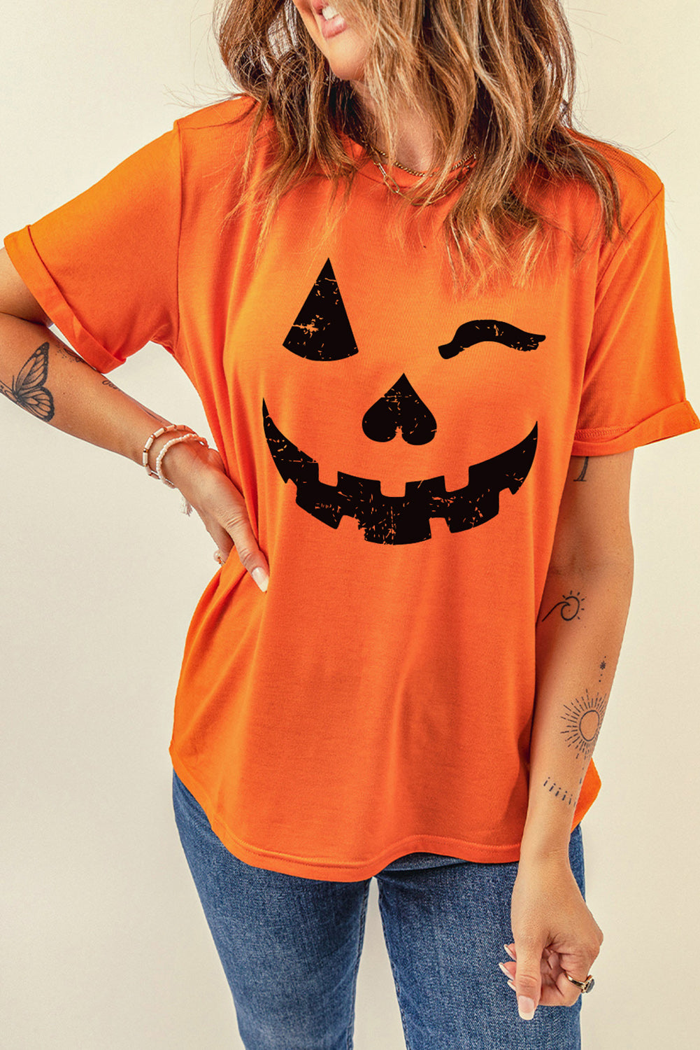 Orange Halloween Pumpkin Face Print Crew Neck T Shirt Graphic Tees JT's Designer Fashion