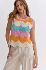 Multicolour Striped Colorblock Scalloped Hem Knitted Vest Sweaters & Cardigans JT's Designer Fashion