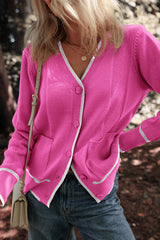Bright Pink Color Contrast Side Pockets Button V Neck Cardigan Cardigans JT's Designer Fashion