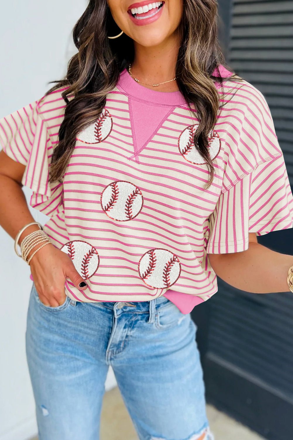 Sachet Pink Sequin Baseball Pattern Striped Ruffle Sleeve Round Neck Knit Top Graphic Tees JT's Designer Fashion