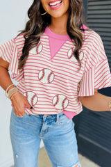 Sachet Pink Sequin Baseball Pattern Striped Ruffle Sleeve Round Neck Knit Top Graphic Tees JT's Designer Fashion