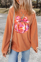 Orange Bow Pumpkin Graphic Crewneck Corded Thanksgiving Sweatshirt Graphic Sweatshirts JT's Designer Fashion