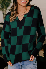 Green Checked Notched Neckline Drop Shoulder Knit Sweater Green 52%Viscose+26%Polyester+22%Polyamide Sweaters JT's Designer Fashion