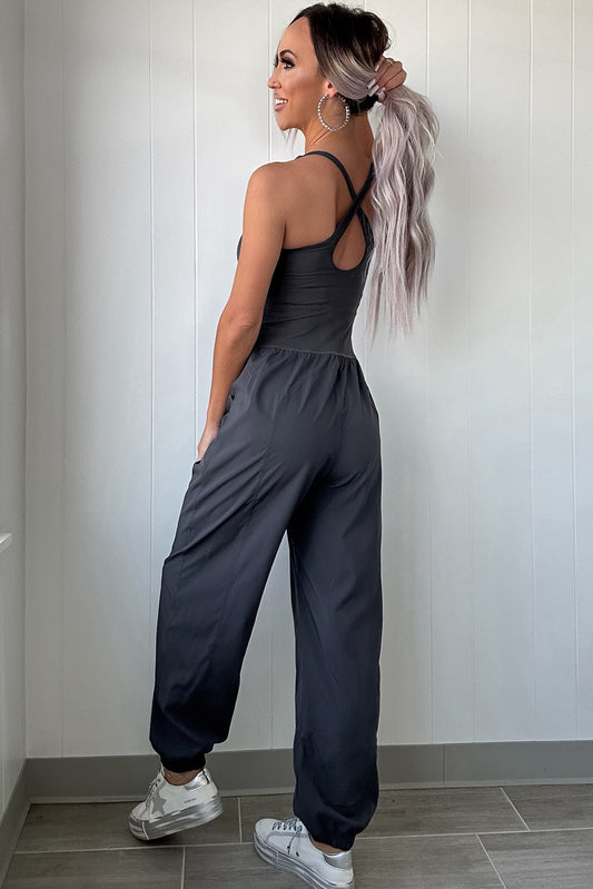 Carbon Grey Back Crossed Straps Hollow Out Jogger Jumpsuit Jumpsuits & Rompers JT's Designer Fashion