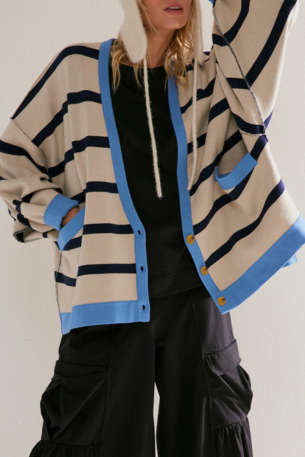 White Colorblock Drop Shoulder Buttoned Loose Cardigan Cardigans JT's Designer Fashion