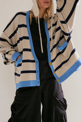 White Colorblock Drop Shoulder Buttoned Loose Cardigan Cardigans JT's Designer Fashion