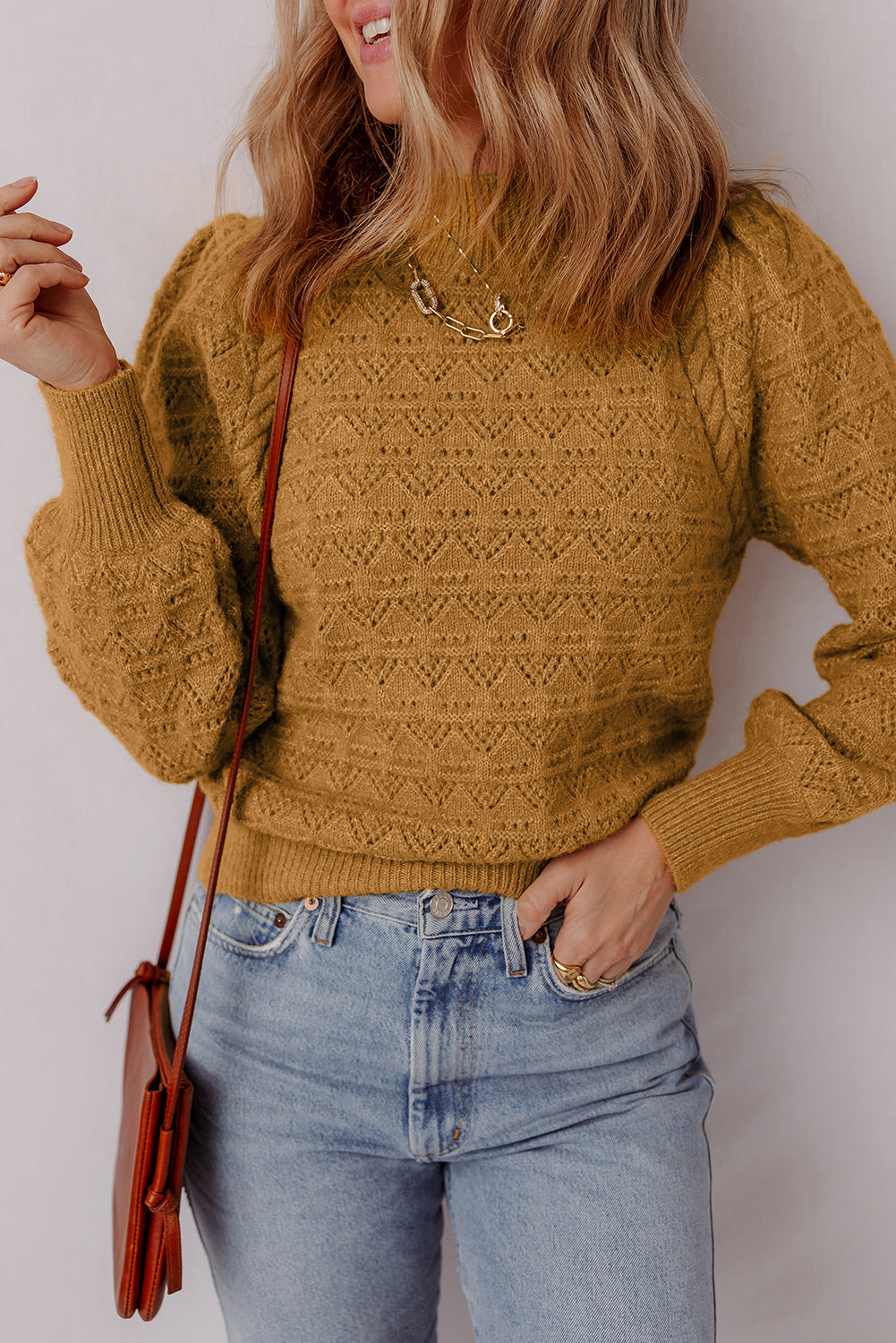 Jurassic Gold Hollow Out Crochet Ribbed Edge Balloon Sleeve Sweater Jurassic Gold 52%Viscose+26%Polyester+22%Polyamide Sweaters JT's Designer Fashion