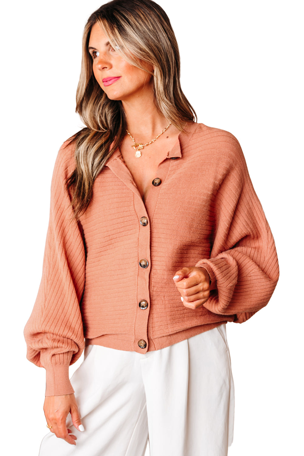 Apricot Pink Wide Rib Knit Button Front Dolman Sleeve Sweater Cardigan Cardigans JT's Designer Fashion
