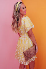 Yellow Boho Flower Jacquard Puff Sleeve Square Neck Mini Dress Floral Dresses JT's Designer Fashion