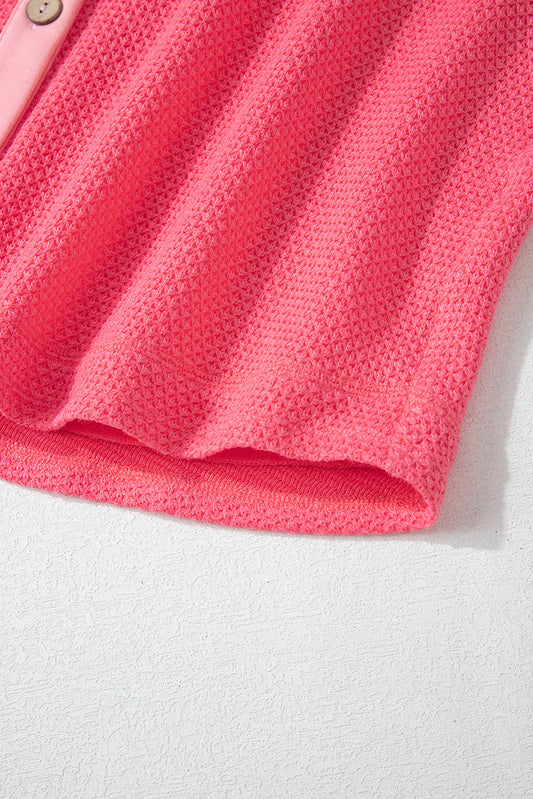 Peach Blossom Two Tone Contrast Waffle Knit Buttoned Loose Shacket Jackets JT's Designer Fashion