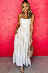 Beige Stripe Spaghetti Strap Pocketed High Waist Long Dress Maxi Dresses JT's Designer Fashion