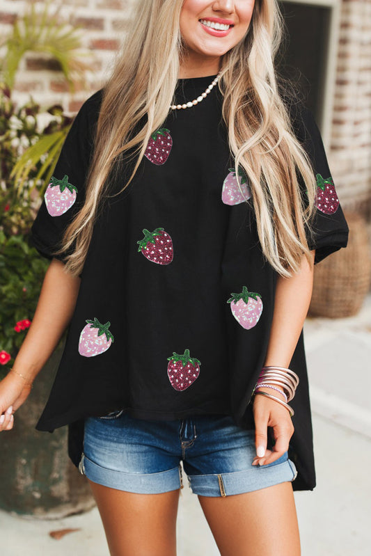 Black Sequin Strawberry Graphic High Low Relaxed Fit Tee Graphic Tees JT's Designer Fashion
