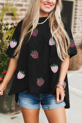 Black Sequin Strawberry Graphic High Low Relaxed Fit Tee Graphic Tees JT's Designer Fashion