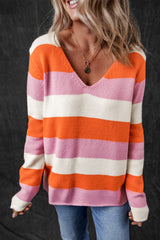 Orange Stripe Colorblock V Neck Casual Sweater Sweaters JT's Designer Fashion