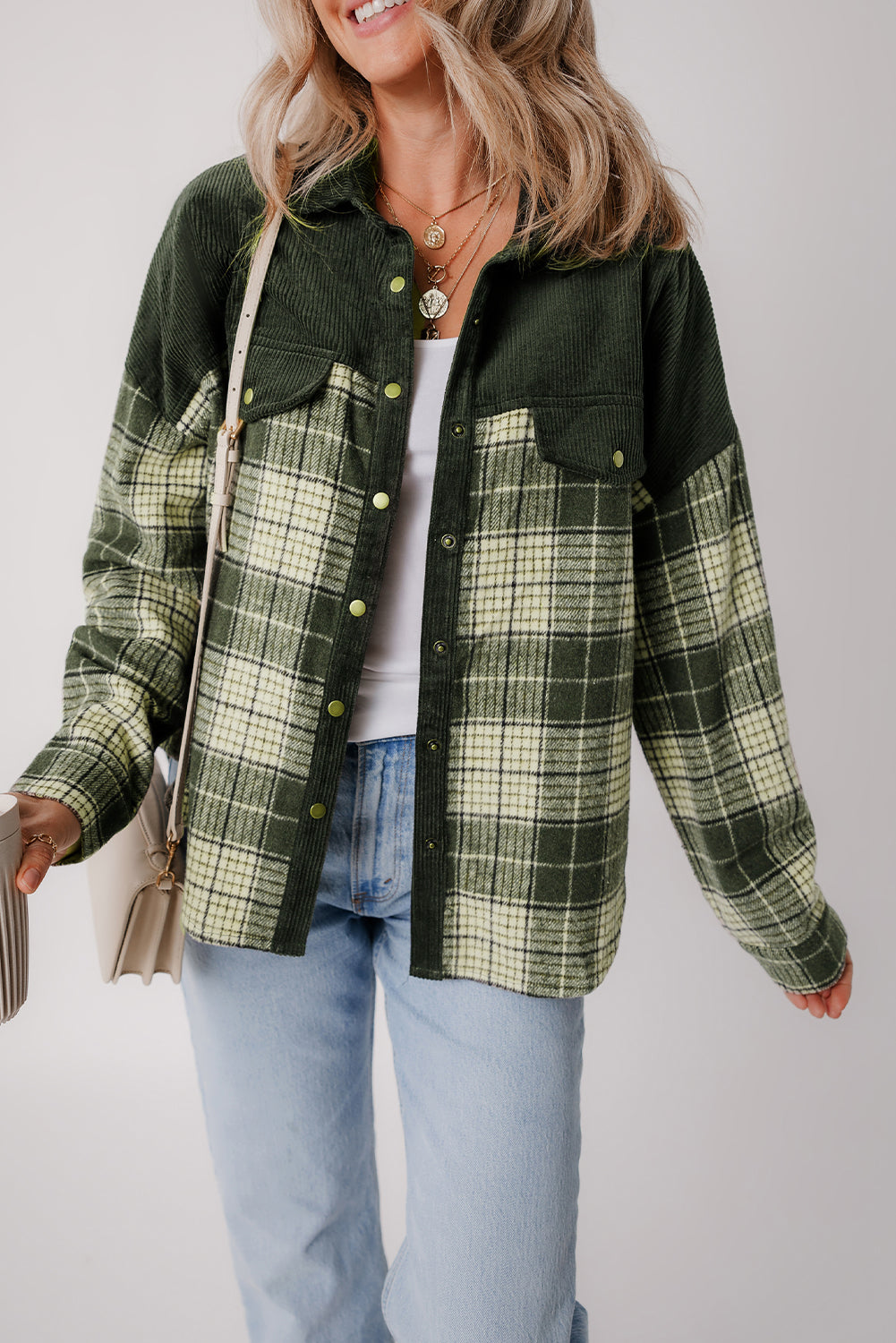 Blackish Green Snap Buttons Colorblock Plaid Shacket Plaid Shackets JT's Designer Fashion