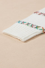 White Colorful Crossed Stitch Drop Shoulder Sweater Sweaters JT's Designer Fashion