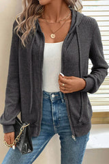 Dark Grey Ribbed Zip Up Front Drawstring Hoodie Sweatshirts & Hoodies JT's Designer Fashion