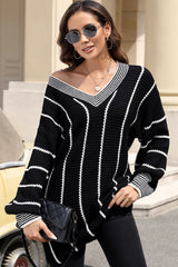 Black Colorblock Striped V Neck Knitted Loose Sweater Sweaters JT's Designer Fashion