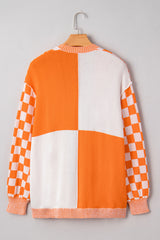 Orange Checkered Bubble Sleeve Drop Shoulder Open Cardigan Plus Size Sweaters & Cardigans JT's Designer Fashion