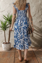 Blue Floral Ruffle Strap Square Neck Smocked Bodice Midi Dress Floral Dresses JT's Designer Fashion