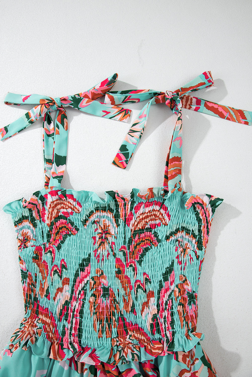 Green Abstract Print Smocked Bodice Knotted Straps Ruffled Long Dress Maxi Dresses JT's Designer Fashion