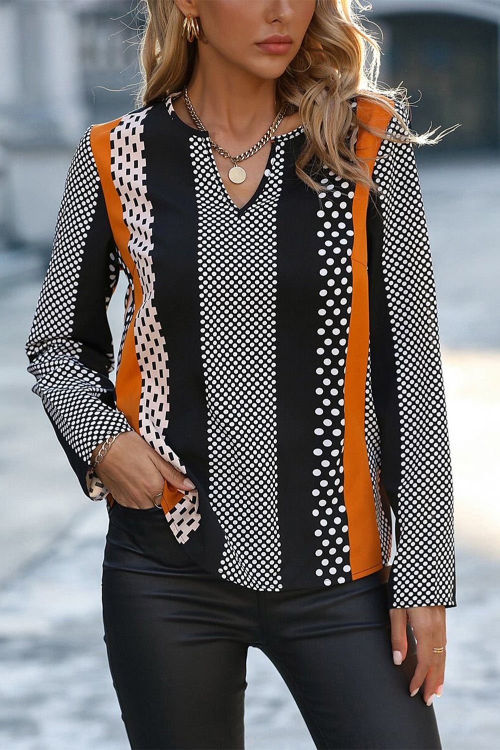Orange Geo Print Colorblock Notched V Neck Blouse Blouses & Shirts JT's Designer Fashion