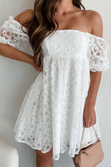 White Floral Lace Puff Sleeve Empire Waist Mini Dress Mini Dresses JT's Designer Fashion