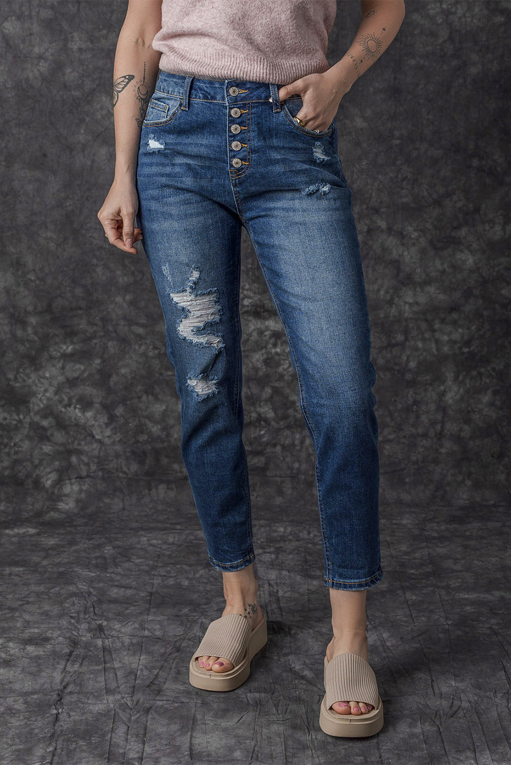 Blue Distressed Button Fly High Waist Skinny Jeans Jeans JT's Designer Fashion