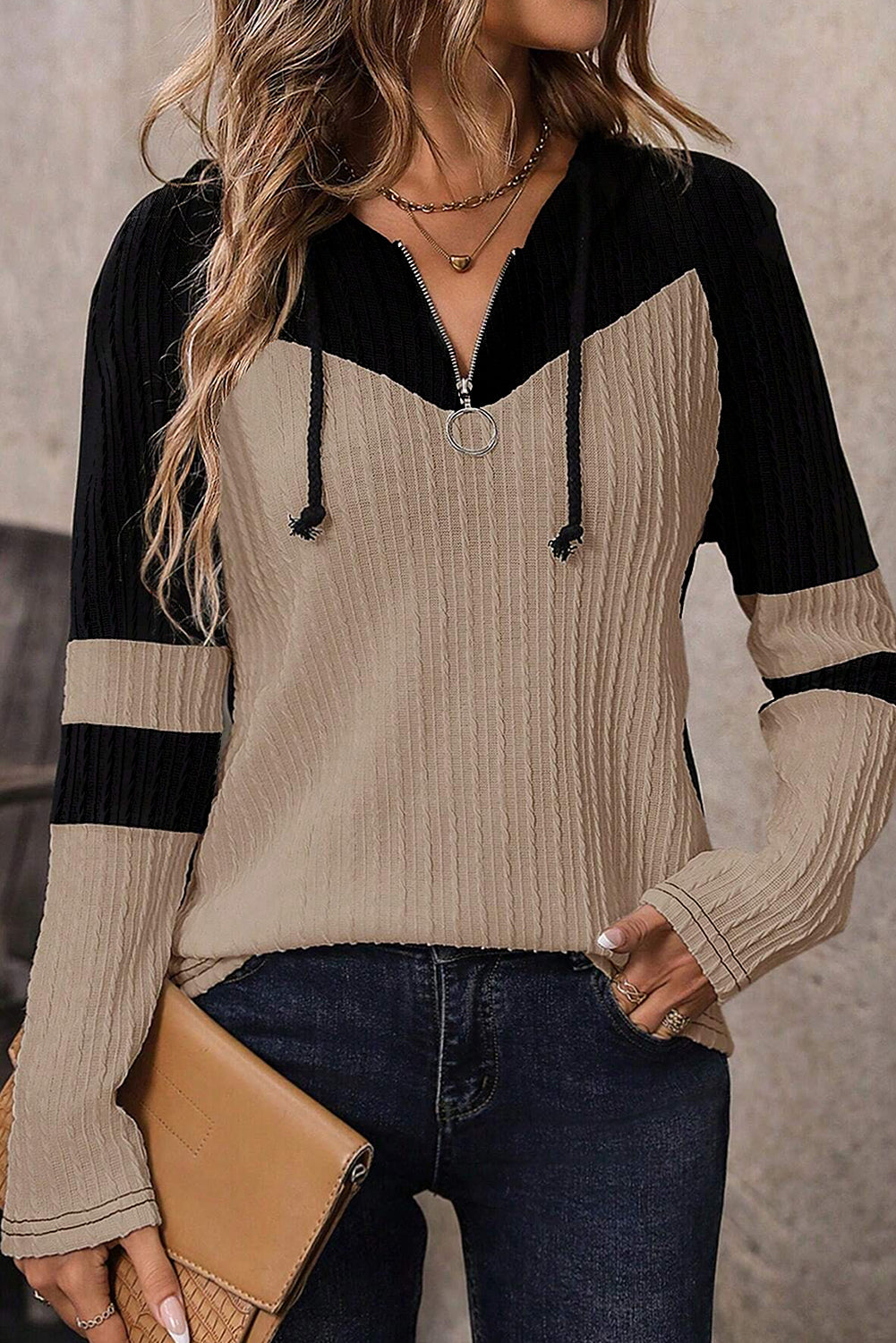 Parchment Textured Colorblock Long Sleeve Quarter Zip Drawstring Hooded Top Long Sleeve Tops JT's Designer Fashion
