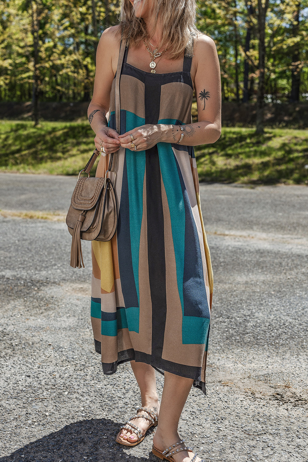 Brown Retro Geometric Printed Y Back Sleeveless Dress Maxi Dresses JT's Designer Fashion