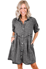 Medium Grey Mineral Wash Ruffled Short Sleeve Buttoned Denim Dress Dresses JT's Designer Fashion