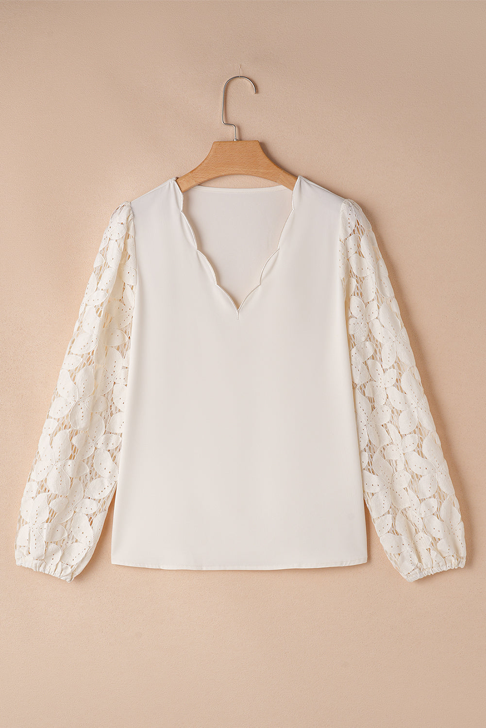 White Scalloped V Neckline Lace Hollowed Lantern Sleeve Blouse Blouses & Shirts JT's Designer Fashion