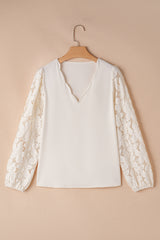 White Scalloped V Neckline Lace Hollowed Lantern Sleeve Blouse Blouses & Shirts JT's Designer Fashion