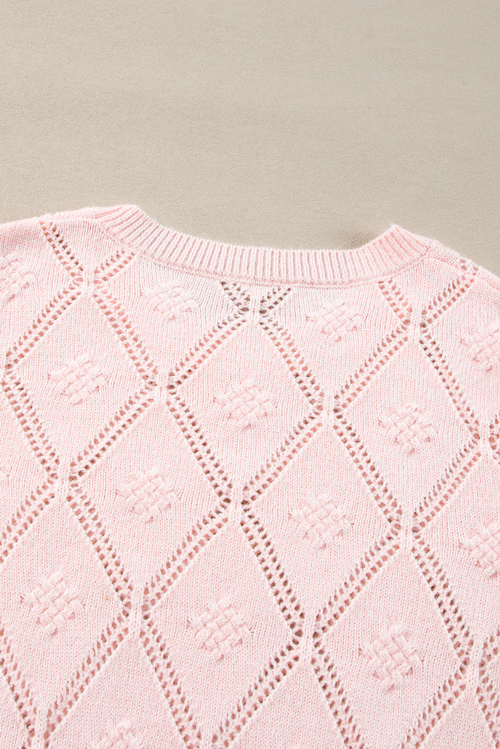 Gossamer Pink Openwork Plaid Puff Sleeve Cropped Sweater Sweaters JT's Designer Fashion