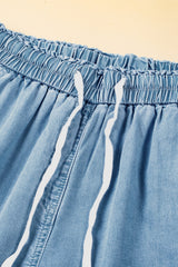 Sky Blue Drawstring High Waist Cargo Pocket Wide Leg Jeans Jeans JT's Designer Fashion