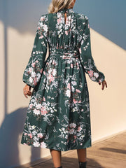 Ruched Printed Mock Neck Long Sleeve Midi Dress Midi Dresses JT's Designer Fashion