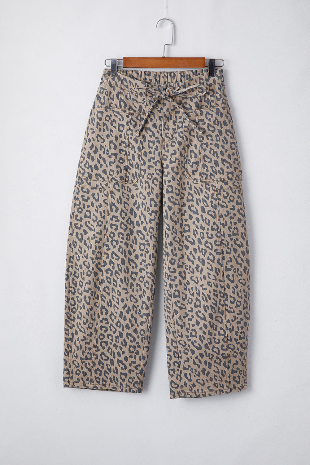 Khaki Leopard Printed Drawstring Elastic Waistband Pocketed Wide Leg Jeans Jeans JT's Designer Fashion
