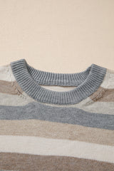 Gray Stripe Color Block Ribbed Edge Round Neck Sweater Sweaters JT's Designer Fashion