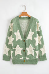 Green Sherpa Star Pattern Textured Sweater Cardigan with Pockets Cardigans JT's Designer Fashion